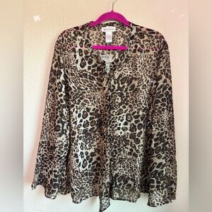 NWOT Draper’s & Damon’s Leopard Animal Print Chiffon Button Up Blouse 2X